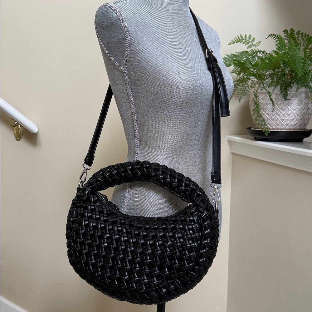 New. Sincerely Jules Elegant Black faux leather Woven Crossbody or handle Bag. - Picture 2 of 16